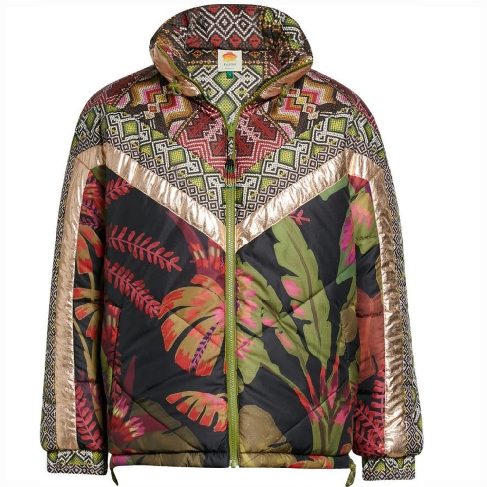 FARM Rio Tropical Rauti Metallic Reversible Puffer Statement Jacket, Size Large